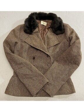 MOTIVI Women's Jacket Size 8 Brown Wool Faux Fur Notch Lapel Blazer